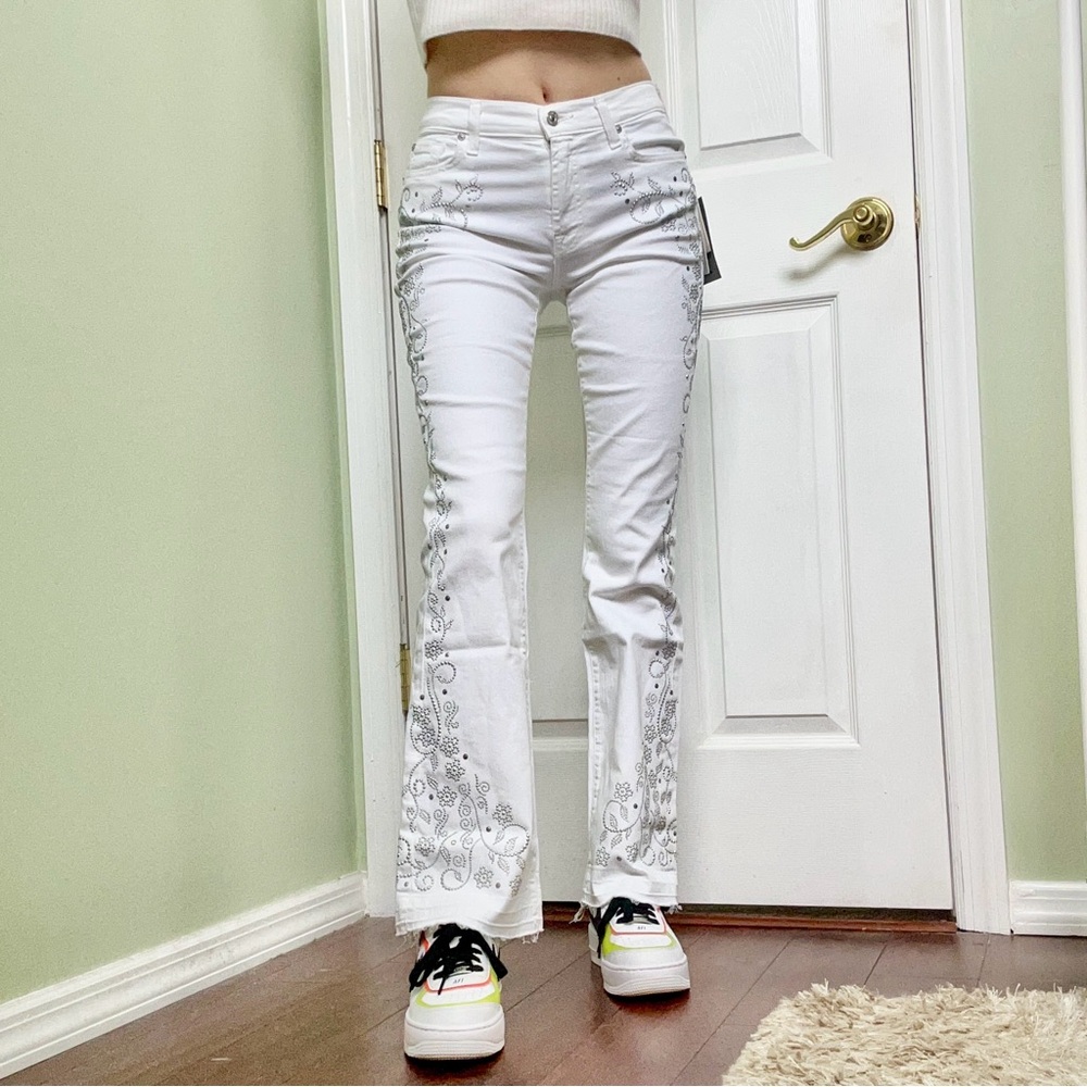 Rhinestone Studded White Denim Jeans - Bootcut With Sparkle Details